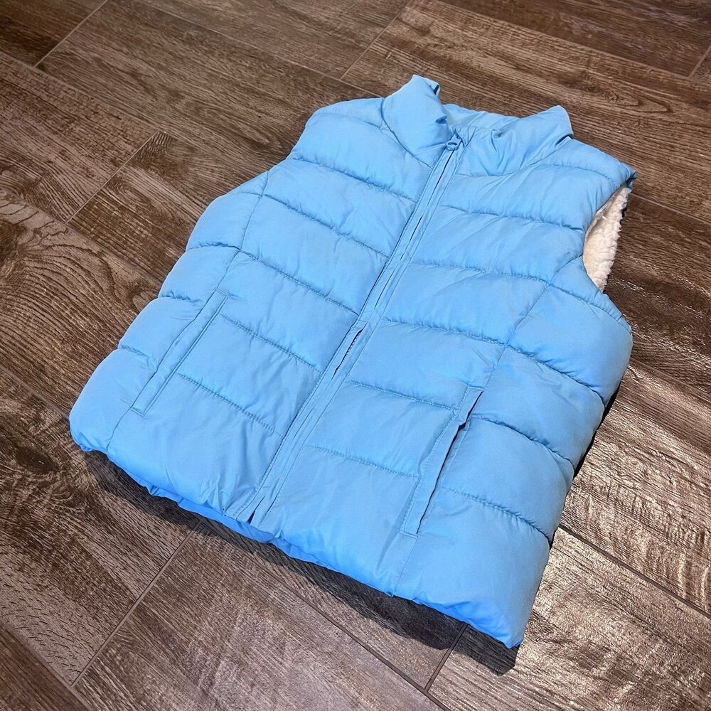 Gap Girls Puffer Vest Small Turquoise Shearling Lined Regular Full Zip Kids